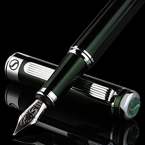 Pluma Estilográfica British Racing Green de Scriveiner – Plumilla (mediana) y Convertidor Instalado Schmidt, Incluye Dos Cartuchos de Tinta, Azul y Negro