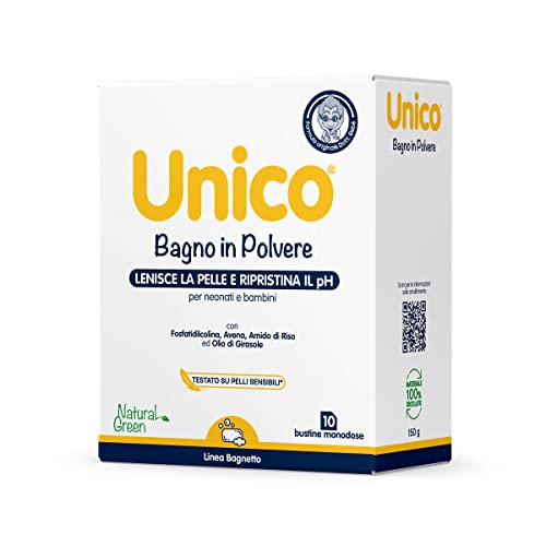 Polvo de baño Unico - limpiador ideal, calmante y refrescante a base de almidón de avena y arroz - para pieles sensibles - fórmula patentada desde 1997 - para bebés y niños 10 sobres monodosis de 15g