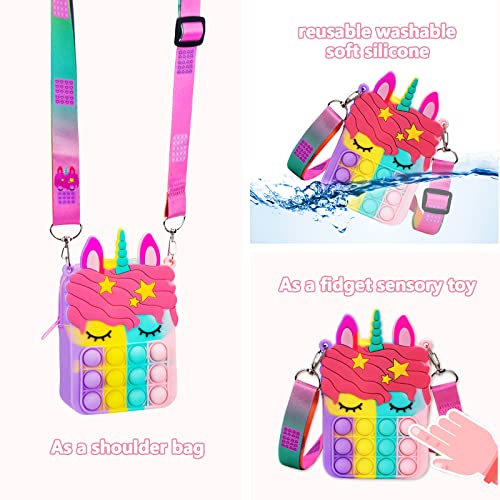 Pop Bubble Push It Bolsa de Hombro, 2 en 1 Unicornio Juguete Antiestrés y Ansiolítico, Fidget Sensory Toy Bag Simple Dimple Toy Bag con Bandolera de Longitud Ajustable, para Niños y Adultos