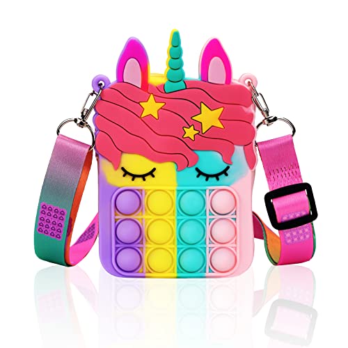 Pop Bubble Push It Bolsa de Hombro, 2 en 1 Unicornio Juguete Antiestrés y Ansiolítico, Fidget Sensory Toy Bag Simple Dimple Toy Bag con Bandolera de Longitud Ajustable, para Niños y Adultos