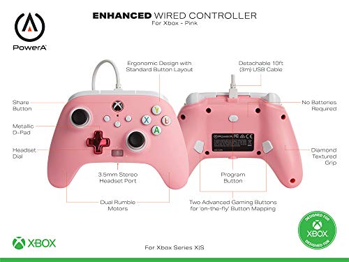 PowerA - Mando con cable mejorado para Xbox Series X y S, color rosa