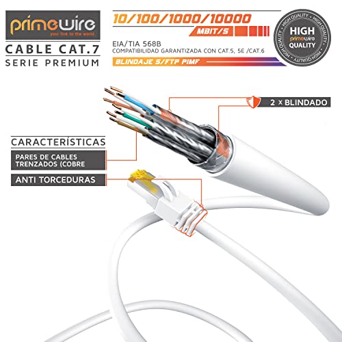 Primewire 30m Cable de Red Gigabit Ethernet Cat 7-10000 Mbit s - Cable de Conexión - Cable Cat.7 en Bruto con apantallamiento S FTP PIMF y Conector RJ45 - Punto de Acceso Switch Router Modem - Blanco