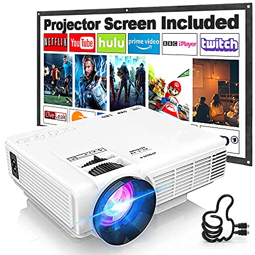 Proyector HI-04 con Pantalla de Proyección, Proyector Video 7000 Lúmenes Soporta 1080P Full HD, Mini Proyector Compatible con TV Stick HDMI VGA USB TF AV, para Cine en Casa y Películas al Aire Libre.