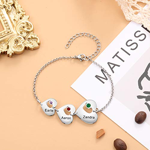 Pulsera de Mujer Personalizada con 3 Corazones y Nombre Grabado de Pulseras Ajustables para Madre e Hija para el Cumpleaños del Día de la Madre