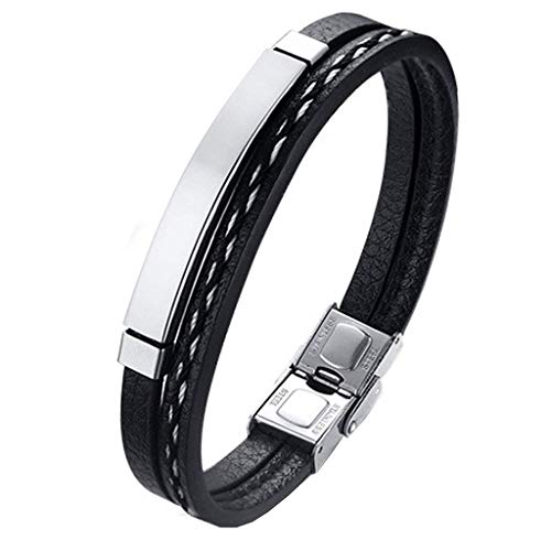 Pulsera hombre mujer Legado, n cuero pu y acero inoxidable, brazalete vikingo chico negra combinable con anillo pendiente collar colgante o tobillera muñequera, personalizable (SILVER 19,5)