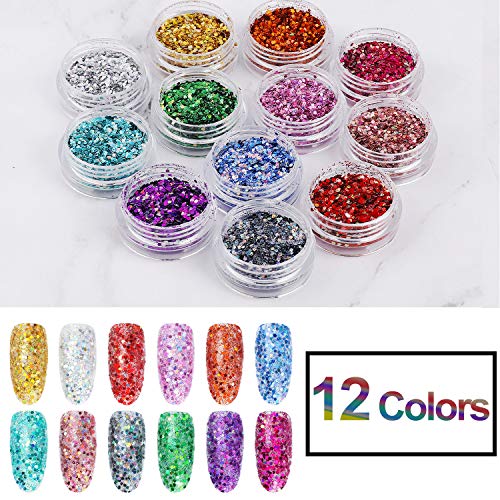 Purpurinas Polvo 12 Colores Maquillaje Glitter para Cara Pelo Arte Corporal Uñas para el Festival de Música Fiesta Navidad