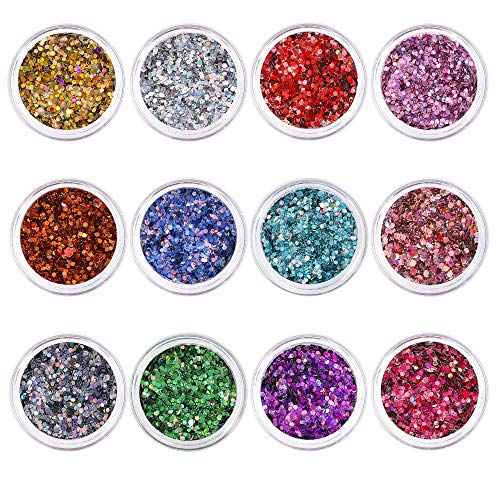 Purpurinas Polvo 12 Colores Maquillaje Glitter para Cara Pelo Arte Corporal Uñas para el Festival de Música Fiesta Navidad