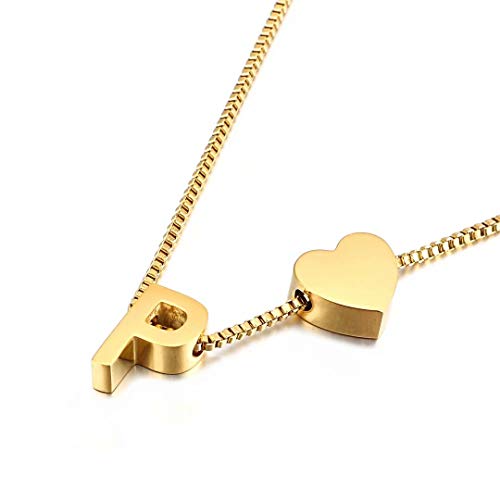 Qings Collar con Colgante de corazón Letra P Chapado en Oro Moda Amor Personalidad Combinación Alfabeto A-Z Regalo de cumpleaños para Mujeres y niñas