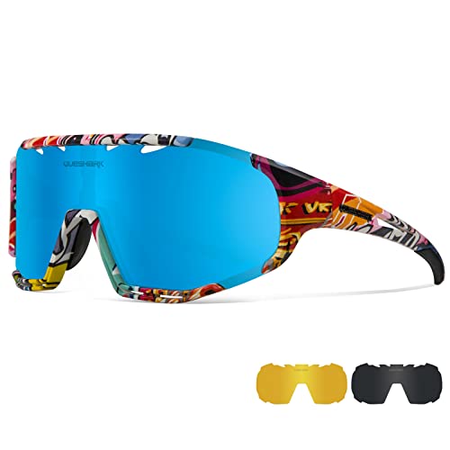 Queshark Gafas de Ciclismo Montura TR90 Gafas de Sol Deportivas Polarizadas, para Hombres y Mujeres con 3 Lentes, para Conducir Pescar Béisbol Correr Certificado CE
