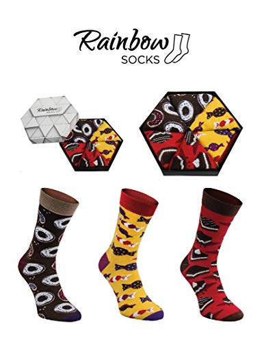 Rainbow Socks - Hombre Mujer Calcetines Oscuros Dulces Graciosos - 3 Pares - Bunuelo Crema Pastel Caramelos - Talla 41-46