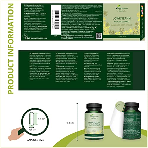 Raíz de Diente de León Vegavero® | Extracto, NO POLVO | 2800 mg | SIN ADITIVOS | 120 Cápsulas | Diuréticos Adelgazantes + Acné Hormonal | Sin Aditivos | Taraxacum Officinale | Dandelion Root