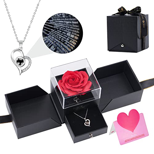 Regalo Mujer Regalos Madre Regalos Rosa Caja de Rosas de Amor y Collar de Corazón Regalo Romantico para Mujer, Regalos Originales para Mujer Cumpleaños San Valentin Aniversario, Rosa Dia de la Madre