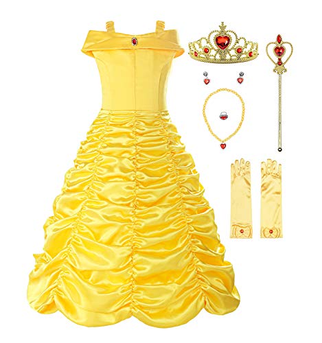 ReliBeauty Disfraz de Belle Princesa Vestido y Accesorios para Niñas 7-8 años, 130