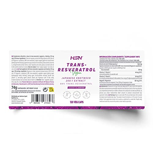 Resveratrol de HSN | 120 Cápsulas Vegetales con 120mg de Trans-Resveratrol | Extracto de raíz de Fallopia japonica 200:1 | Alto Contenido en Polifenoles | No-GMO, Vegano, Sin Gluten