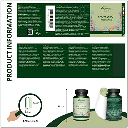 Resveratrol + Vitamina B3 Vegavero® | Antioxidante & Antiedad Natural | Origen Vegetal | Sin Aditivos | 500 mg | Apto Para Veganos | 60 Cápsulas | Nicotinamida | Trans-Resveratol