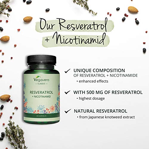 Resveratrol + Vitamina B3 Vegavero® | Antioxidante & Antiedad Natural | Origen Vegetal | Sin Aditivos | 500 mg | Apto Para Veganos | 60 Cápsulas | Nicotinamida | Trans-Resveratol