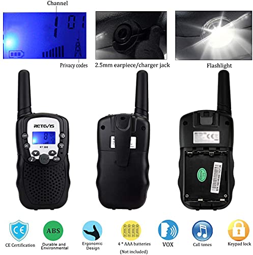 Retevis RT388 Walkie Talkie Niños, 8 Canales VOX Linterna 10 Tonos de Llamada, Regalos para Niños, Walkie Talkie para Cámping, Aventuras (Negro, 1 Par)