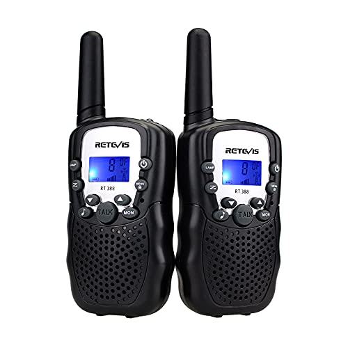 Retevis RT388 Walkie Talkie Niños, 8 Canales VOX Linterna 10 Tonos de Llamada, Regalos para Niños, Walkie Talkie para Cámping, Aventuras (Negro, 1 Par)