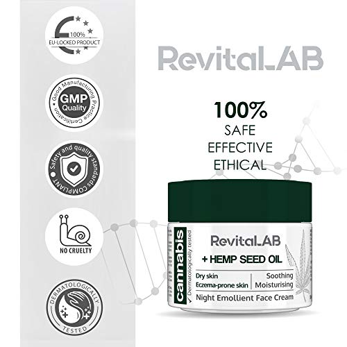 RevitaLAB - Crema facial emoliente de noche con extracto de cánnabis y aceite de semilla de cáñamo ecológico para una hidratación intensa, testada dermatológicamente en pieles sensibles, 50 ml