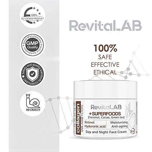 RevitaLAB - Crema hidratante antiarrugas de día y de noche con colágeno enriquecida con ácido hialurónico, superalimentos, vitaminas y un filtro UVA/UVB, franja de edad 30-45, 2x 50 ml