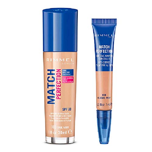 Rimmel London Match Perfection Base + Corrector, Base de maquillaje Tono 103 True Ivory, Corrector Tono 030 Classic Ivory