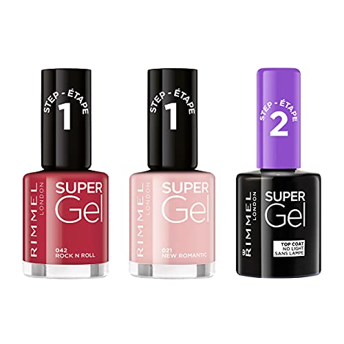 Rimmel London Pack Super Gel, Esmaltes de uñas Tonos 21, 42 y Top Coat