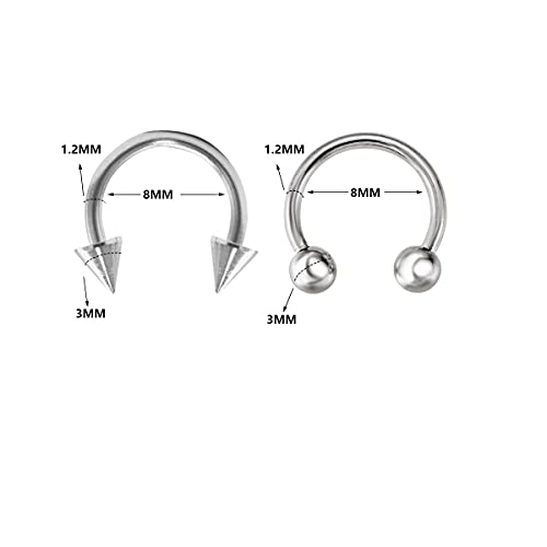 Rlbytia 20 anillos de septum de acero inoxidable de 8 mm, piercing de herradura, piercing para septum, joyería de nariz, aros de labio de 16 g, aretes de tragus, hélice