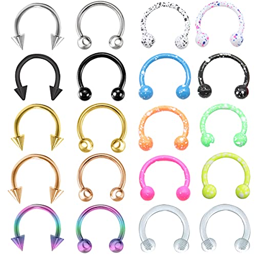 Rlbytia 20 anillos de septum de acero inoxidable de 8 mm, piercing de herradura, piercing para septum, joyería de nariz, aros de labio de 16 g, aretes de tragus, hélice