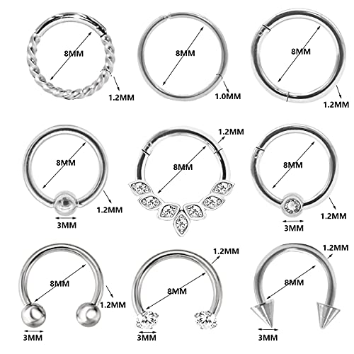 Rlbytia 8 – 9 piezas de piercing para septum de acero inoxidable para nariz, septum clicker con bisagras, anillo de herradura Daith Tragus Helix Piercing de joyería 8 mm 16 g,