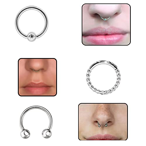 Rlbytia 8 – 9 piezas de piercing para septum de acero inoxidable para nariz, septum clicker con bisagras, anillo de herradura Daith Tragus Helix Piercing de joyería 8 mm 16 g,