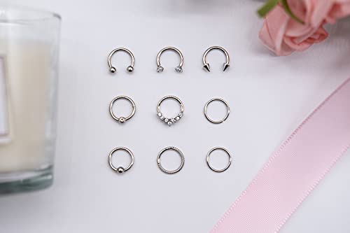 Rlbytia 8 – 9 piezas de piercing para septum de acero inoxidable para nariz, septum clicker con bisagras, anillo de herradura Daith Tragus Helix Piercing de joyería 8 mm 16 g,