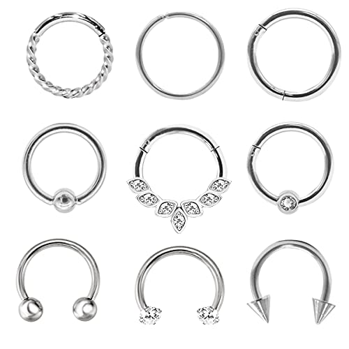 Rlbytia 8 – 9 piezas de piercing para septum de acero inoxidable para nariz, septum clicker con bisagras, anillo de herradura Daith Tragus Helix Piercing de joyería 8 mm 16 g,