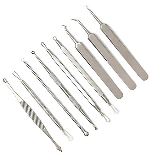 rongweiwang 9 PCS Set Satinsless Steel Blackhead Blackhead Pimple Aguja Mancha Conjunto 9 Extracción de Agujas Acne Extractor Removedor de Herramientas Kit