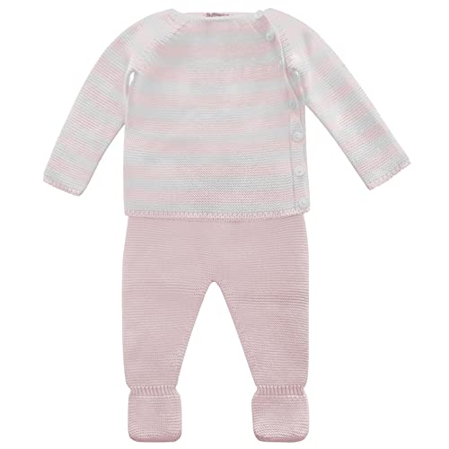 Ropa bebe recien nacido y prematuro talla 0-1 mes. Conjunto mini primera puesta jersey y polaina. Set punto tricot 100% algodon raya baby niño niña. Piel sensible atopica. Regalo. Rosa. Made in Spain