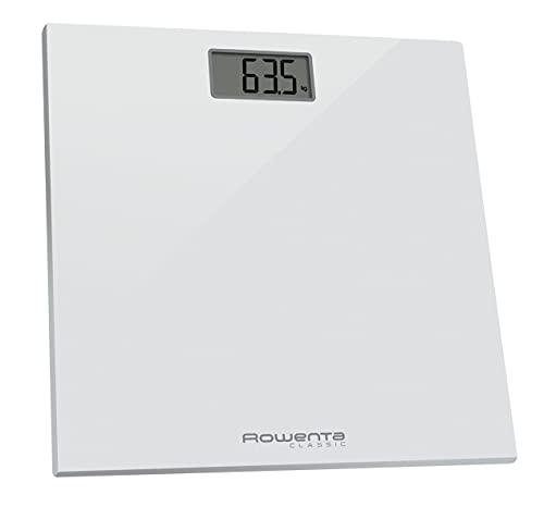 Rowenta Classic BS1131 - Báscula digital, con pantalla LCD, compacta, capacidad de 160 kg, plataforma de vidrio, apagado automático e incluye pilas, color blanco