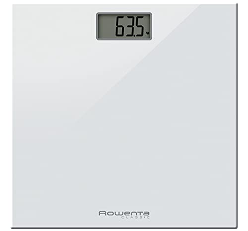 Rowenta Classic BS1131 - Báscula digital, con pantalla LCD, compacta, capacidad de 160 kg, plataforma de vidrio, apagado automático e incluye pilas, color blanco