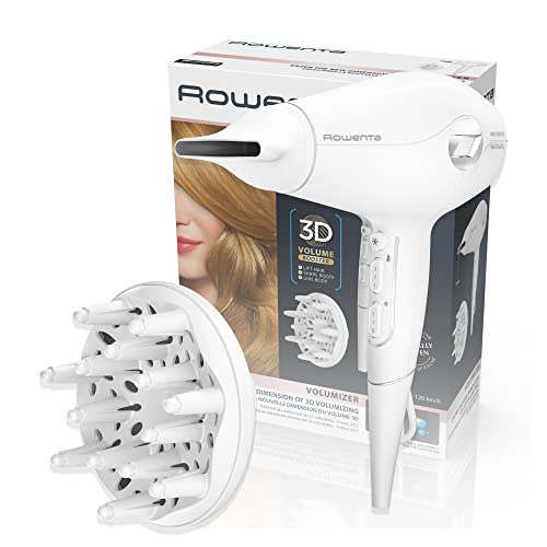 Rowenta Volumizer CV6130 - Secador de 2400 W potente, boquilla concentradora de aire y difusor,3 velocidades y 3 temperaturas, 3D volume booster, botón de aire frío, blanco y plateado