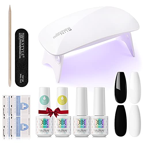 RSTYLE Esmaltes Semipermanentes de Uñas en Gel UV LED, Esmaltes Semipermanentes Kit 4 Colores Base Top Gel Manicura Pedicura Completo Kit En Blanco y Negro 5ML