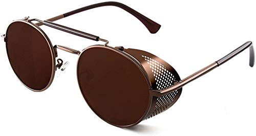 RUICHUANGS Retro Redondas Gafas De Sol Steampunk Hombres Mujeres, UV 400 Protección Lateral Marco De Metal,Marrón