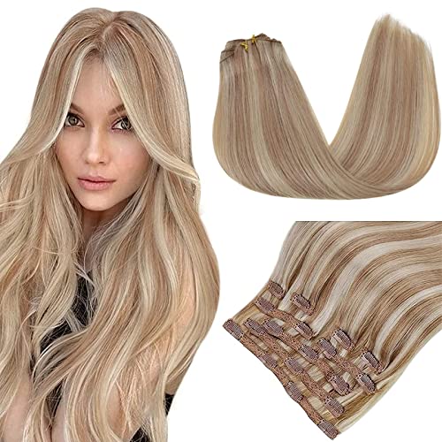 RUNATURE Clip in Hair Extensions 10 Pulgadas Color 12P60 Rubio Platino Resaltado Marrón Dorado Claro Pelo Lacio Extensiones De Cabello