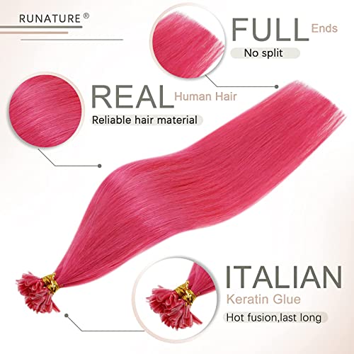 RUNATURE Extensiones Pelo Natural Queratina U Tip Fusion Extensiones de Cabello Humano Nail Tip Remy Straight Pre Bonded Human Hair Extensions 20g 14 Pulgadas Color Rosa Caliente