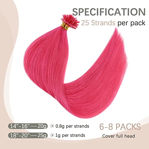 RUNATURE Extensiones Pelo Natural Queratina U Tip Fusion Extensiones de Cabello Humano Nail Tip Remy Straight Pre Bonded Human Hair Extensions 20g 14 Pulgadas Color Rosa Caliente