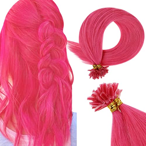 RUNATURE Extensiones Pelo Natural Queratina U Tip Fusion Extensiones de Cabello Humano Nail Tip Remy Straight Pre Bonded Human Hair Extensions 20g 14 Pulgadas Color Rosa Caliente