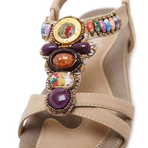 Sandalias Mujer Boho Flor Rhinestone Moda Plano Talla Grande Bohemia Sandalias Romanas Chanclas Mujers Zapatos (42 EU,Beige)