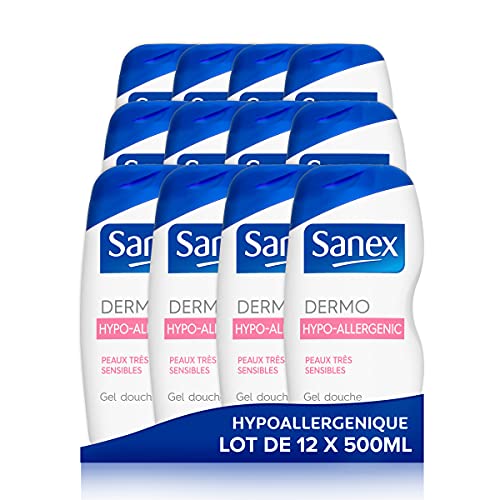 Sanex – Gel de ducha Dermo hipoalergénico para pieles muy sensibles – Sin colorantes ni jabón, fórmula respetuosa con la piel testada dermatológicamente, 500 ml – Lote de 12