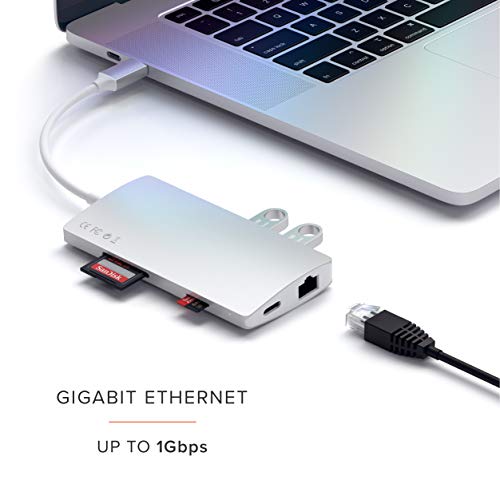 SATECHI Adaptador Multi-Puertos V2 de Aluminio - HDMI 4K (30Hz), Ethernet Gigabit, Carga USB-C, Lectores de Tarjetas SD/Micro, Puertos USB 3.0 para 2020/2019/2018 MacBook Pro (Plata)