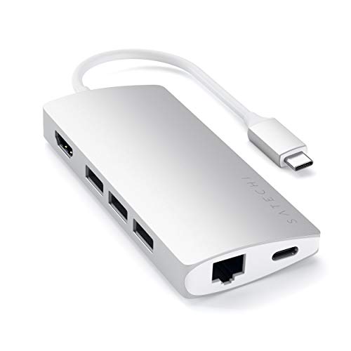 SATECHI Adaptador Multi-Puertos V2 de Aluminio - HDMI 4K (30Hz), Ethernet Gigabit, Carga USB-C, Lectores de Tarjetas SD/Micro, Puertos USB 3.0 para 2020/2019/2018 MacBook Pro (Plata)