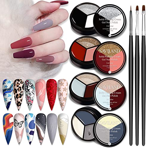 Saviland Kit de esmalte de uñas de gel en crema sólida - Kit de pintura de uñas de gel en crema 3 en 1, juego de esmaltes de uñas de 12 colores con 3 pinceles de uñas