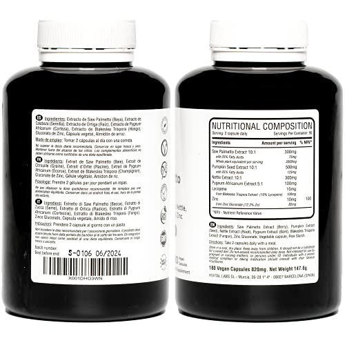 Saw Palmetto 3000 mg. 180 cápsulas veganas para 3 meses. Para la Próstata y la Salud Urinaria. Con Serenoa Repens (Sabal Serrulata), Semillas de Calabaza, Ortiga, Pygeum Africanum, Licopeno y Zinc