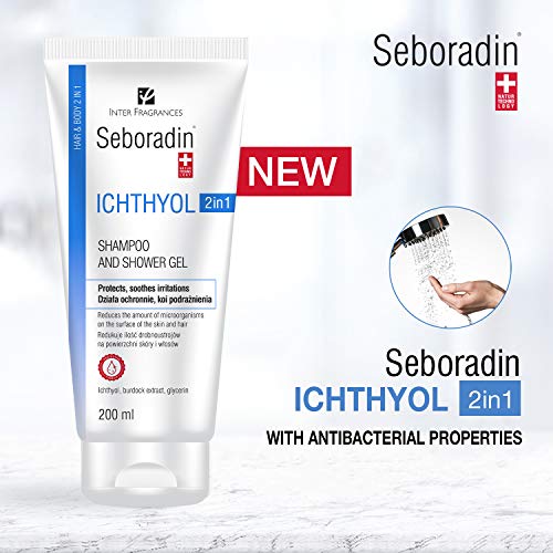 Seboradin ICHTHYOL champú y gel anticaspa 2 en 1 para piel atópica y sensible, contiene ichthyol blanco, extracto de raíz de bardana, y glicerina (200 ml)